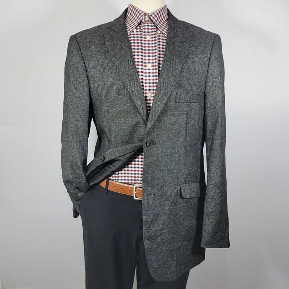 Stacy Adams Men's Sport Coat Blazer‎ Two Button Charcoal Black Gray Plaid 44L